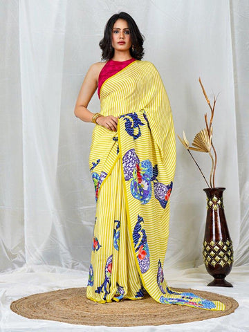 Yellow Multicolor Floral Print Natural Crepe Saree