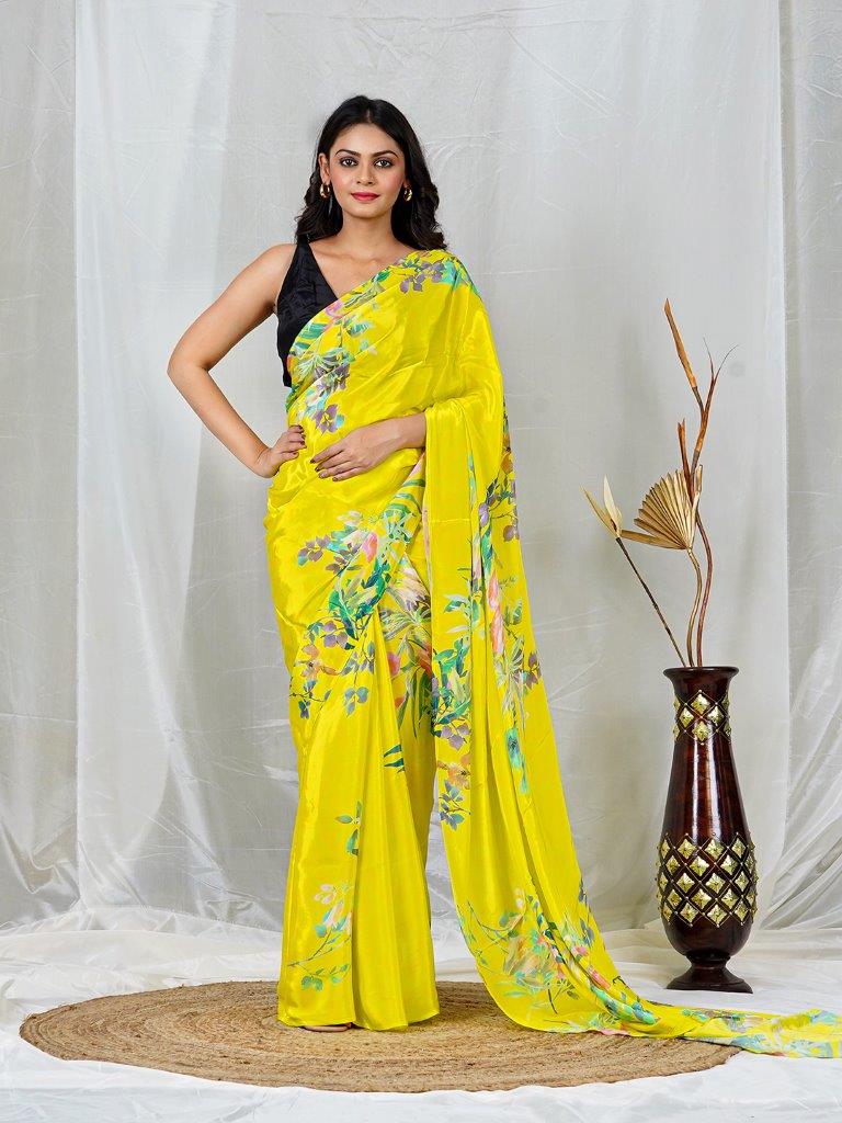 Elegant Yellow Natural Crepe Saree with Vibrant Multicolor Floral Prints