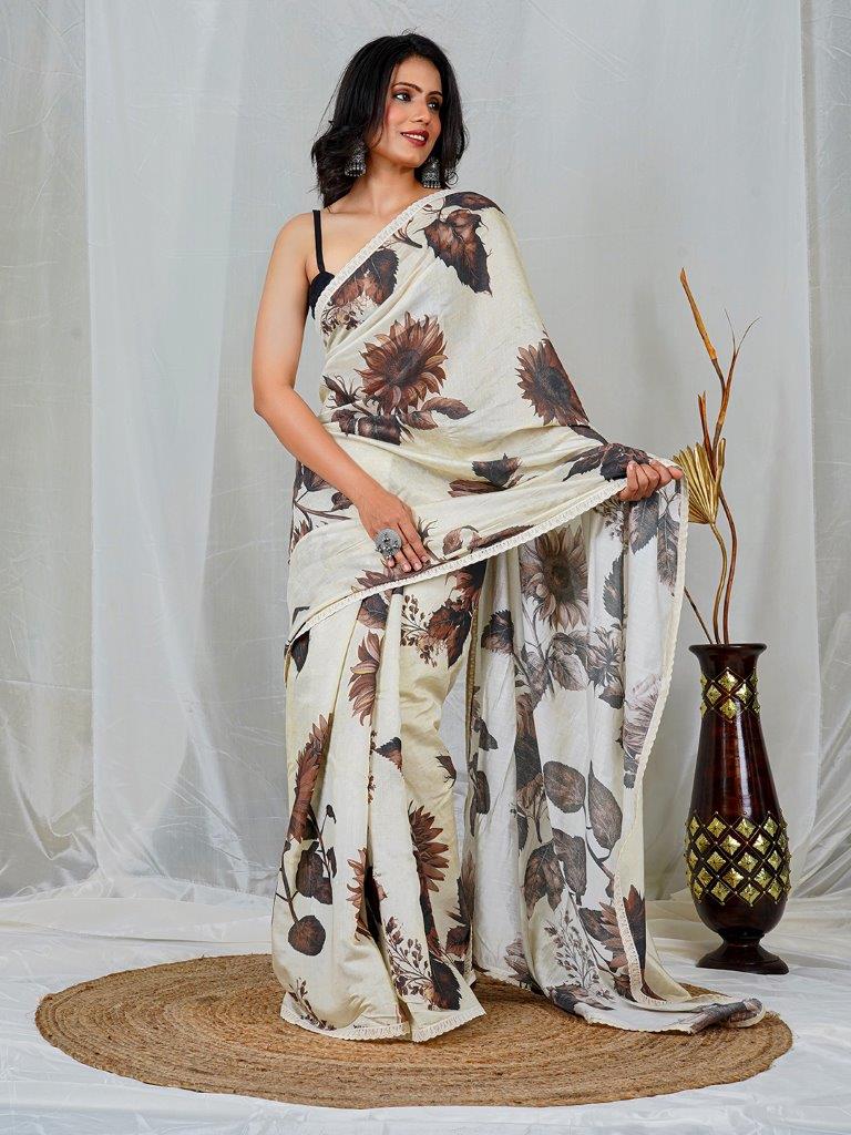 Elegant Off-White Chanderi Saree with Black Floral Print – Timeless Grace