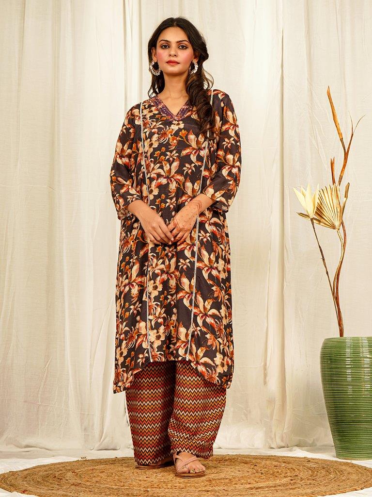Elegant Dark Brown Natural Crepe Floral Print Kurta Set with Handwork and Geometric Palazzo