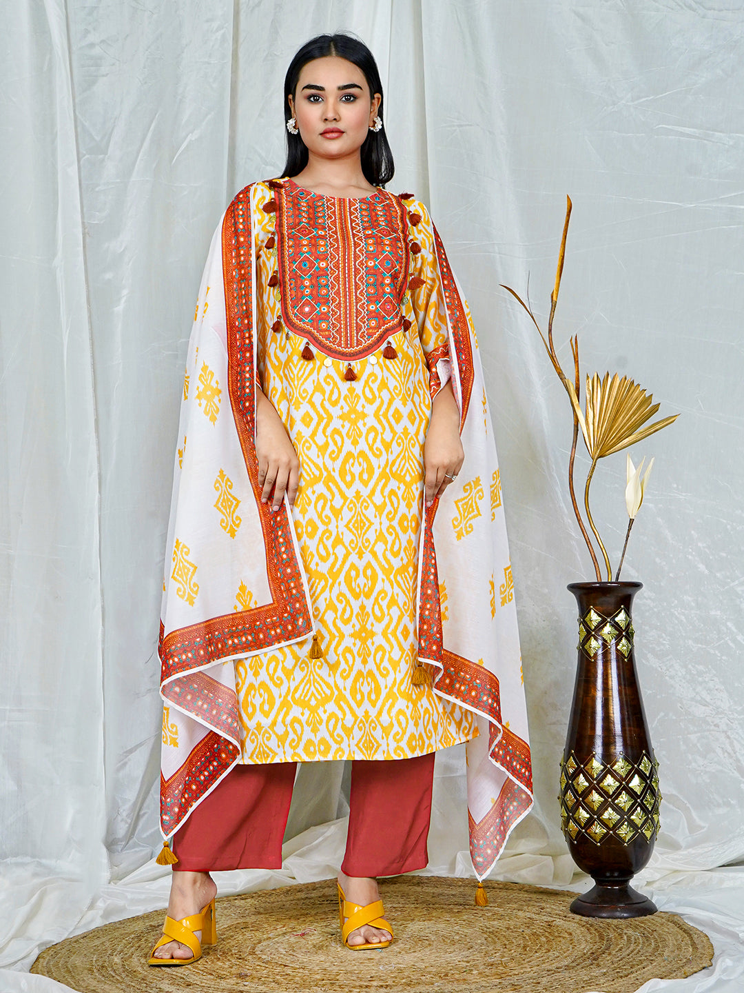 Women's Yellow Ikat Kurta Set with Rust Embroidery & Dupatta