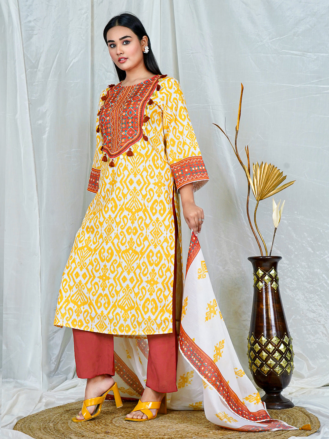 Women's Yellow Ikat Kurta Set with Rust Embroidery & Dupatta