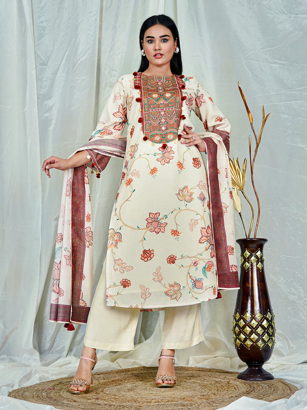 Off-White Floral Print Kurta Set with Embroidered Yoke & Dupatta – 3-Piece Ethnic Wear