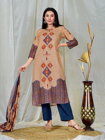 Earthy Chiku Ethnic Kurta Set with Artisan-Inspired Prints