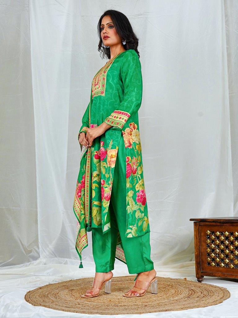 Green Floral Printed Muslin Kurta Set