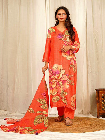 Peach Floral Print Kurta Set with Handwork on Muslin Crepe