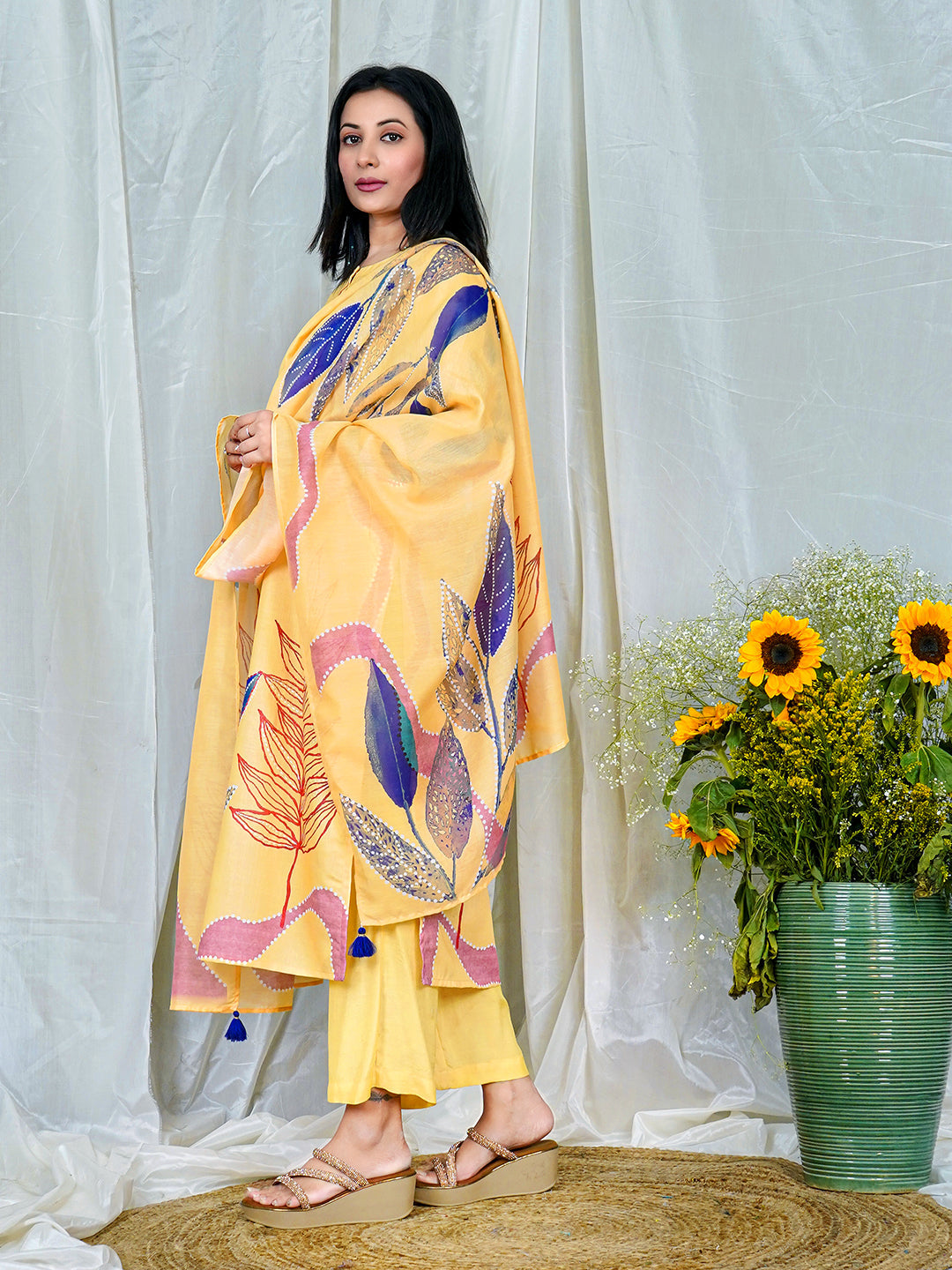 Sunshine Yellow Kurta Set with Artistic Leaf Dupatta