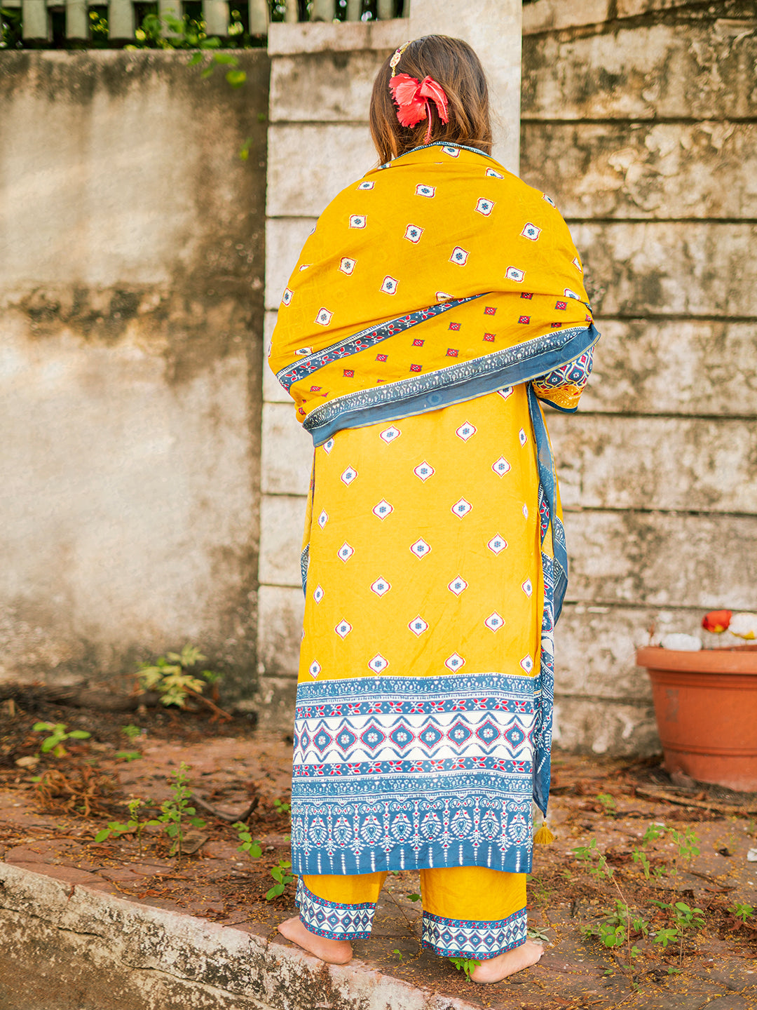 Yellow Ajrakh Print Muslin Kurta Set with Hand Work
