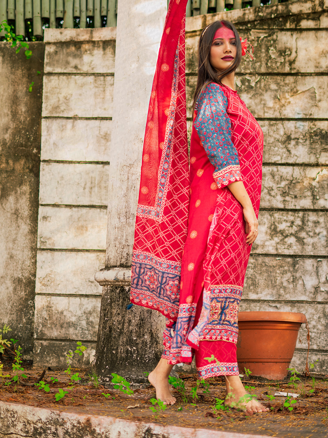 Red Ajrakh Print Muslin Kurta Sets with Handwork