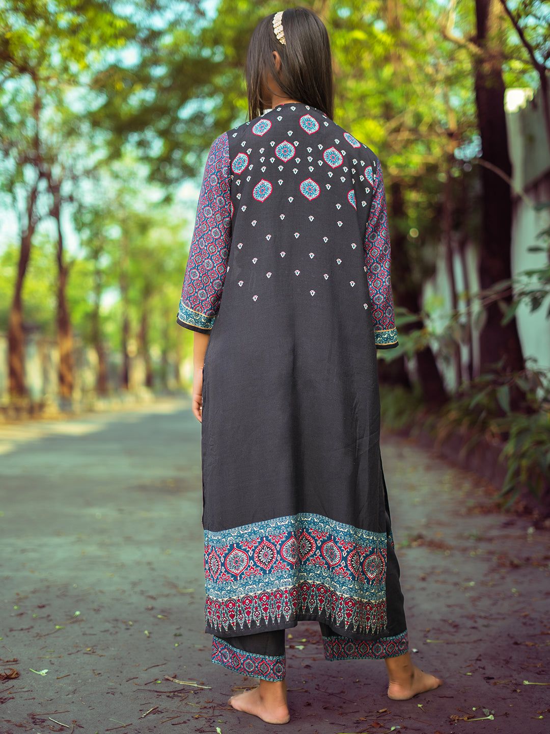 Black Ajrakh Print Muslin Kurta Set with Handwork – Perfect for Festive Celebrations