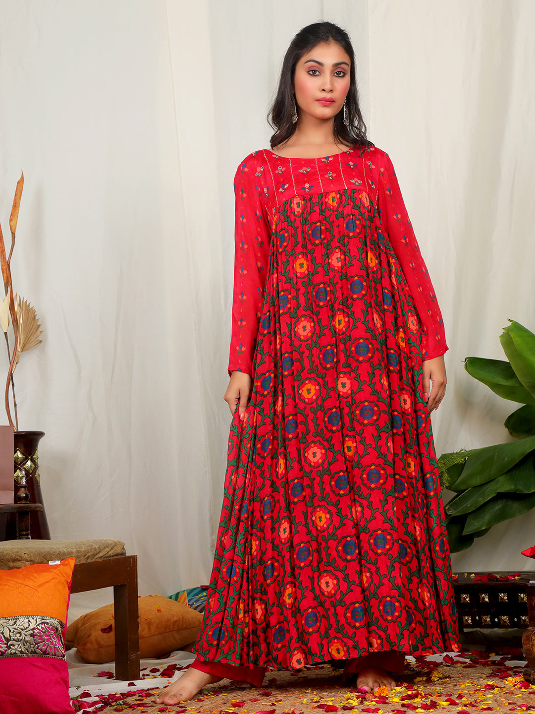 Red color Suzani Print Chinon Anarkali Sets with Handwork Detailing