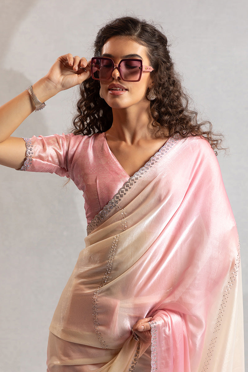 Elegant Blush Pink Ombre Satin Saree with Sequin Border