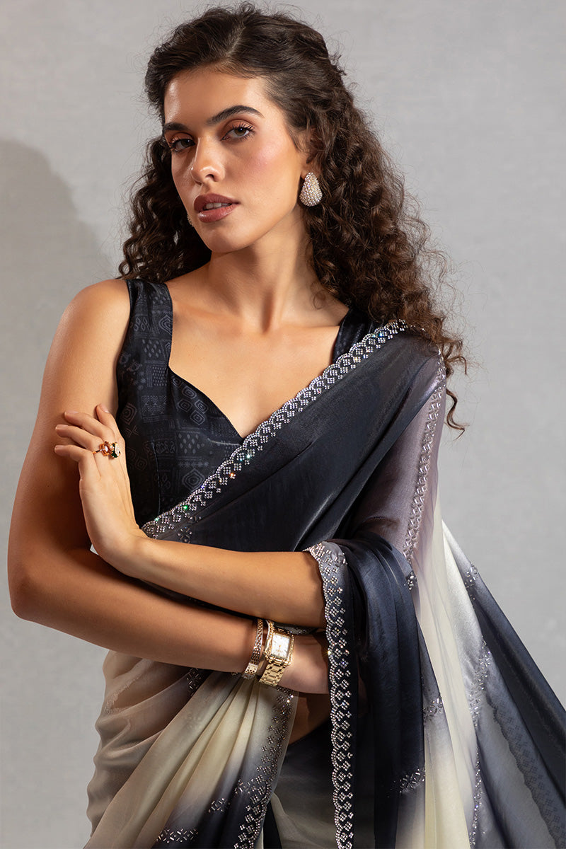 Black & Cream Beads Work Satin Saree with Sequin Border