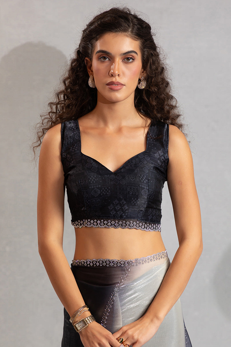 Black & Cream Beads Work Satin Saree with Sequin Border