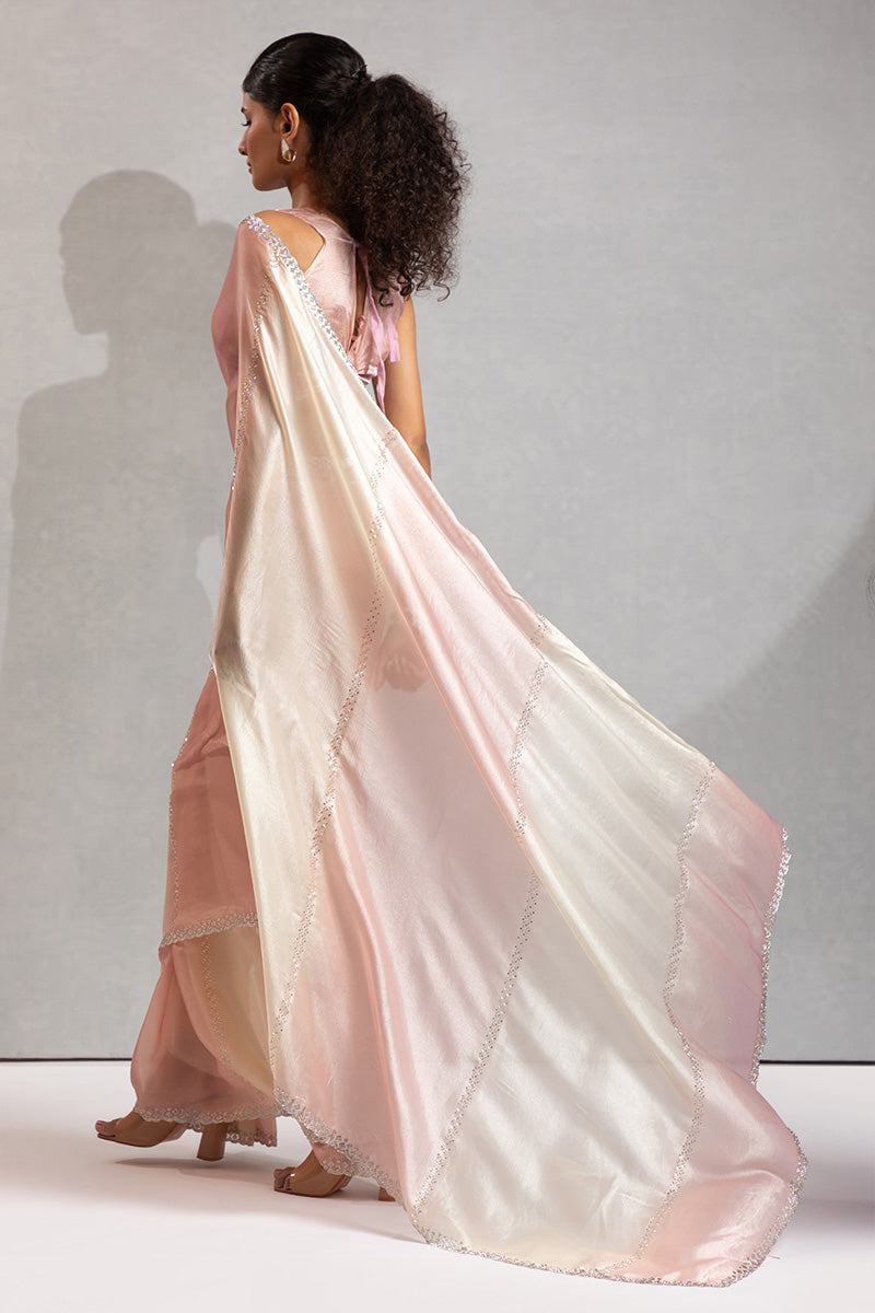 Baby Pink  & Cream Satin Saree with Fancy Work Border