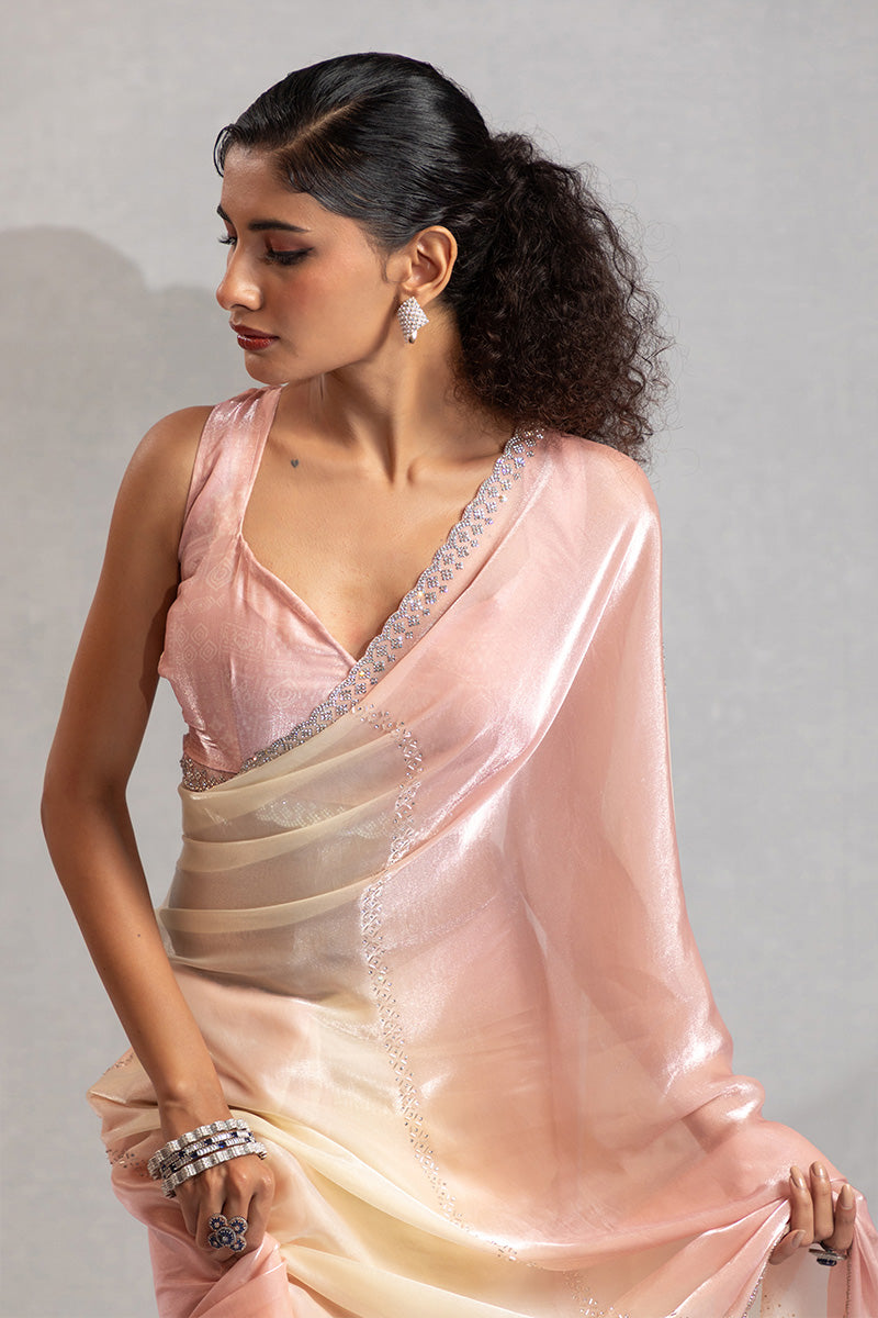 Baby Pink  & Cream Satin Saree with Fancy Work Border