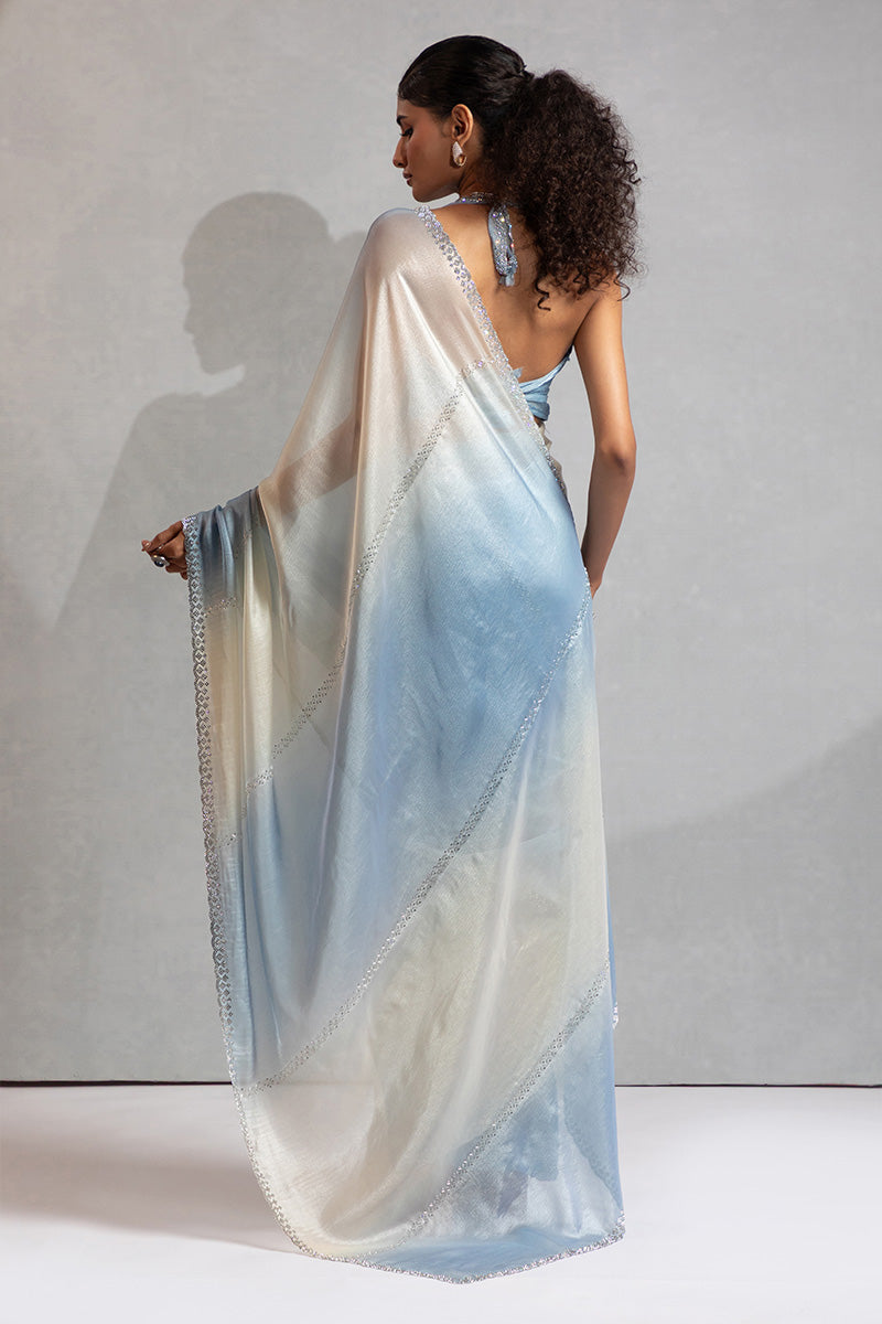 Sky Blue & Cream Satin Saree with Fancy Work Border