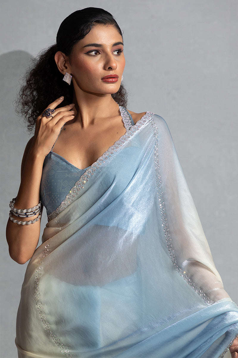 Sky Blue & Cream Satin Saree with Fancy Work Border