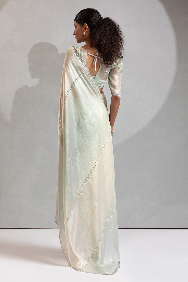 Pista Green & Cream Satin Saree with Fancy Work Border