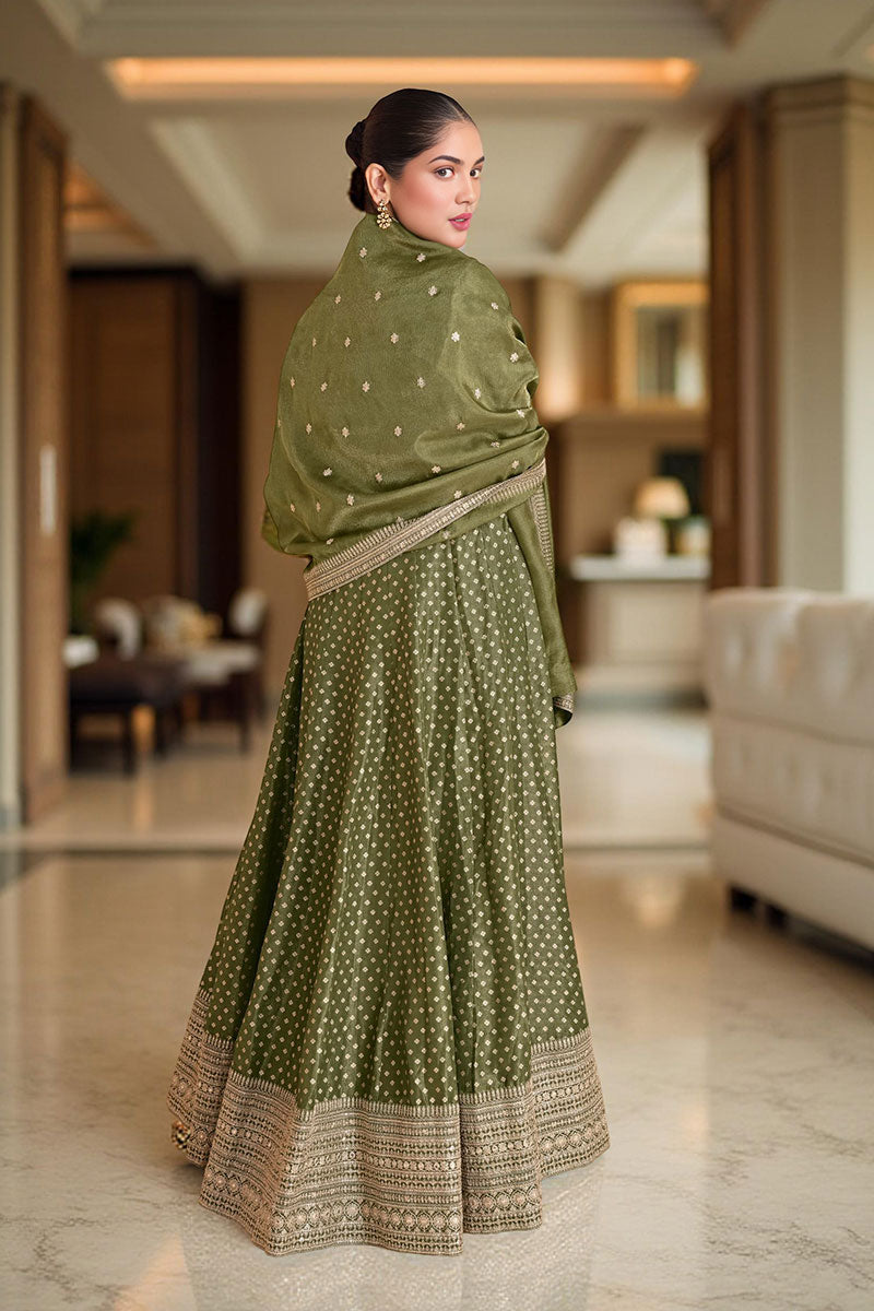 Elegant Olive Green Anarkali Suit with Golden Detailing
