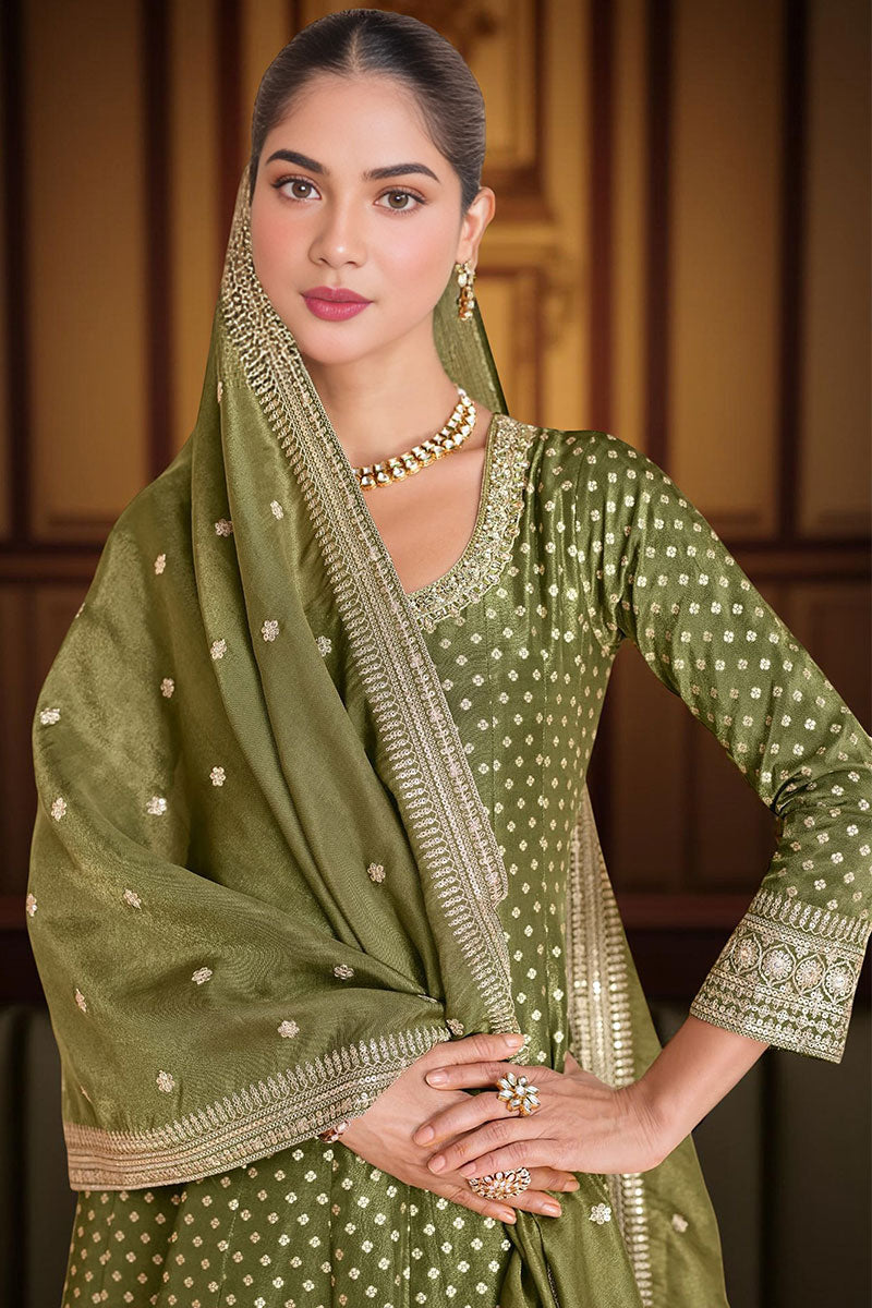 Elegant Olive Green Anarkali Suit with Golden Detailing