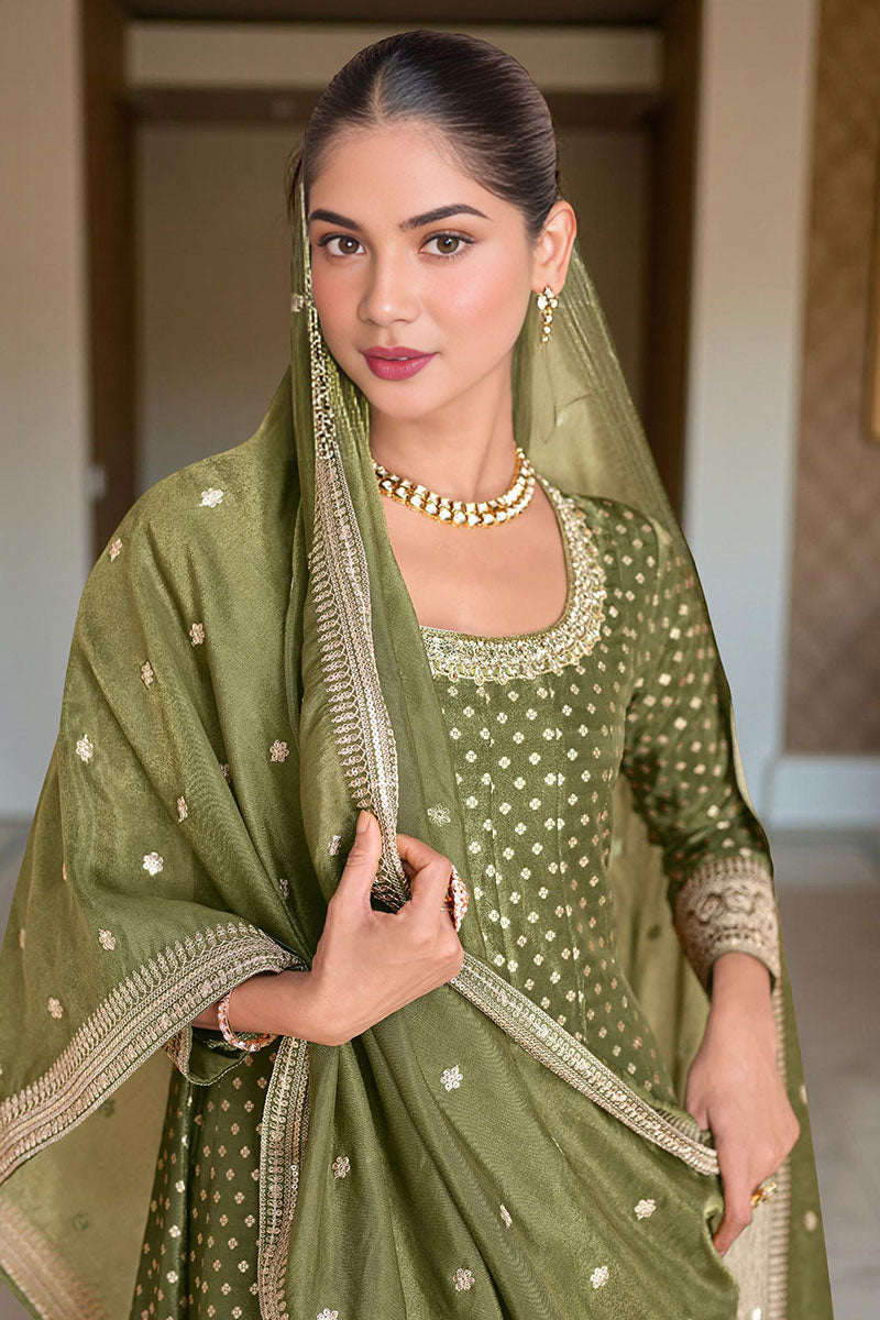 Elegant Olive Green Anarkali Suit with Golden Detailing