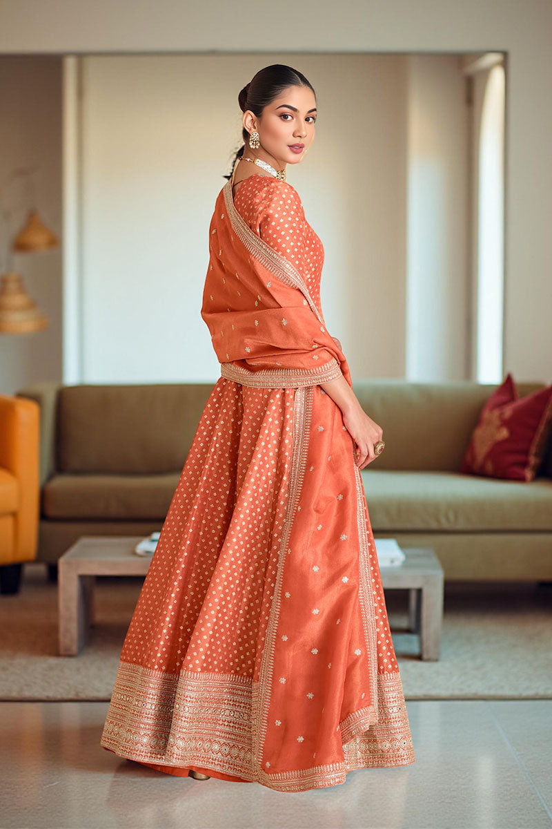 Elegant Orange Anarkali Suit with Golden Detailing