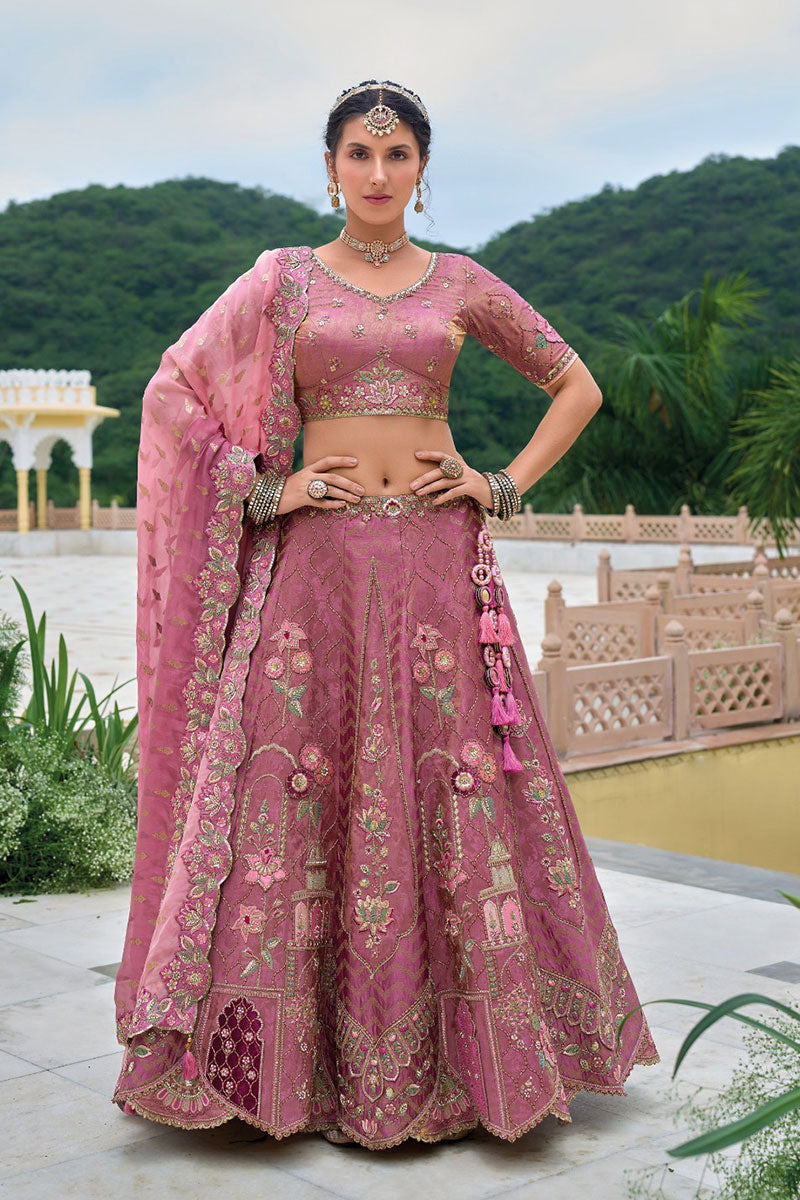 Dusty Rose Pink Embroidered Lehenga Set with Mirror & Floral Detailing