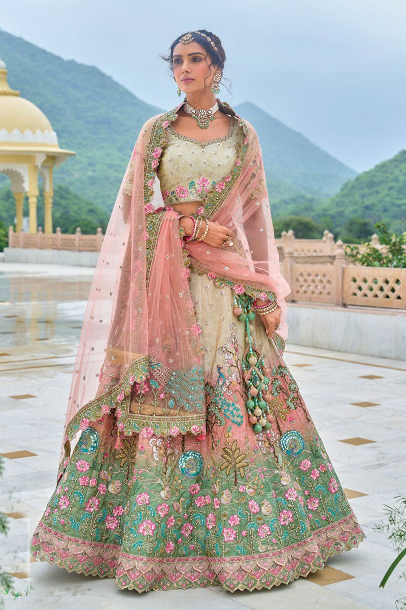 Ivory & Blush Multicolor Embroidered Lehenga with Peacock Motif & Mirror Work