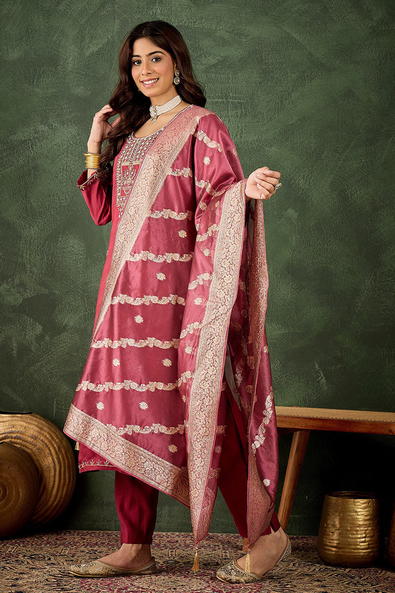 Elegant Pink Salwar suit with Golden Detailing Zari Work Dupatta