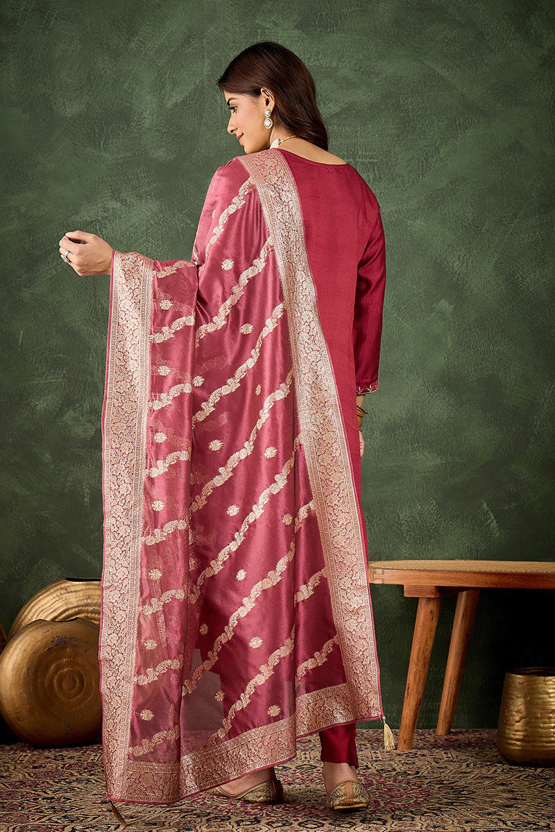 Elegant Pink Salwar suit with Golden Detailing Zari Work Dupatta