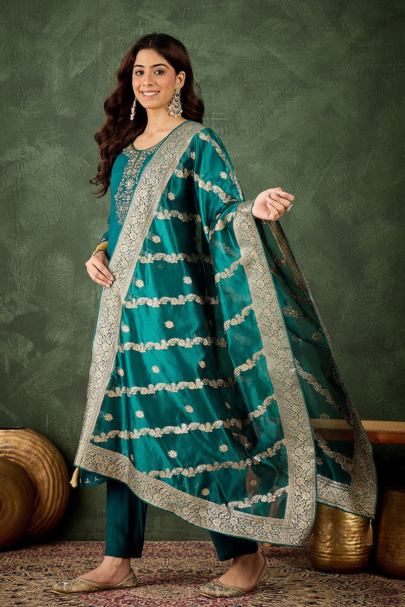Elegant Green Salwar suit with Golden Detailing Zari Work Dupatta