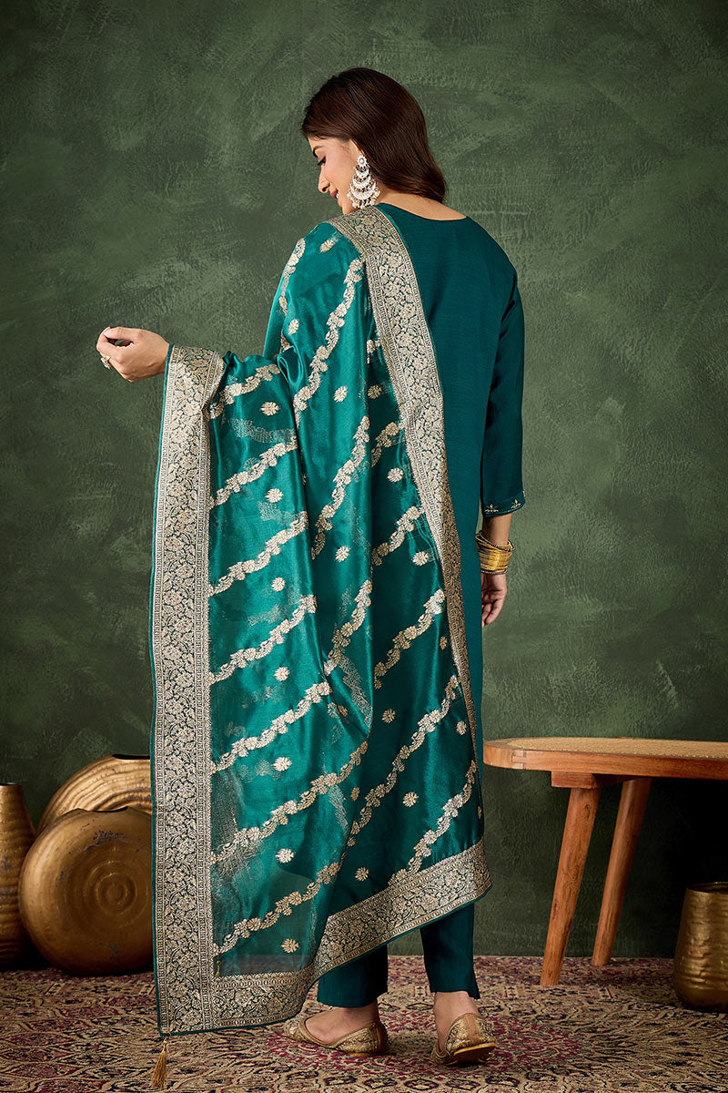 Elegant Green Salwar suit with Golden Detailing Zari Work Dupatta