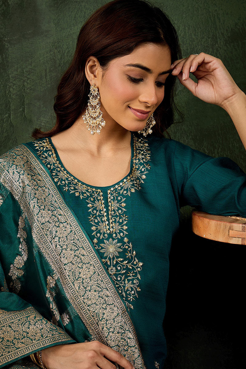 Elegant Green Salwar suit with Golden Detailing Zari Work Dupatta