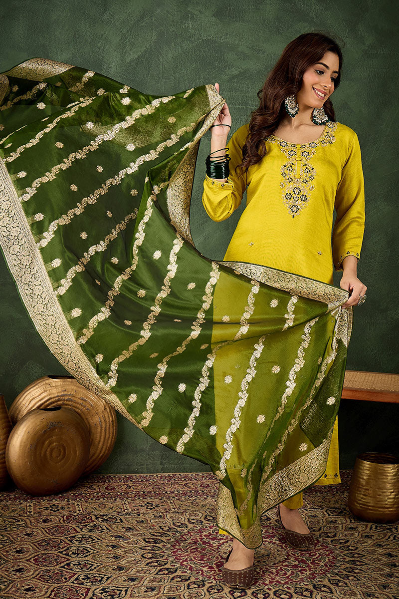Elegant Lemon Green Salwar suit with Golden Detailing Zari Work Dupatta