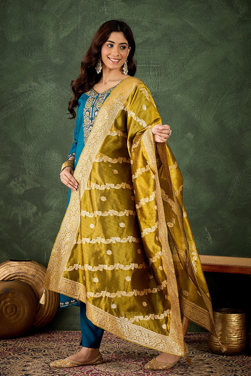 Elegant Teal Salwar suit with Golden Detailing Zari Work Dupatta
