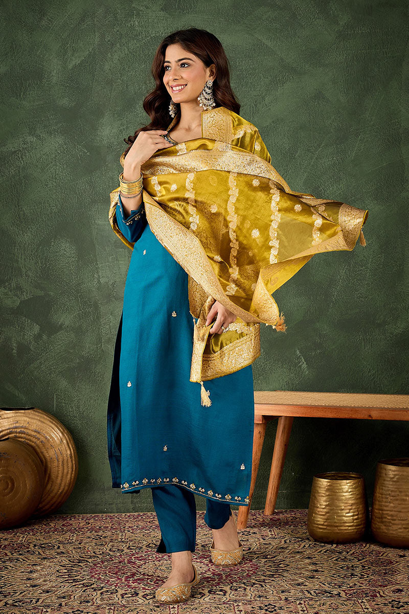 Elegant Teal Salwar suit with Golden Detailing Zari Work Dupatta