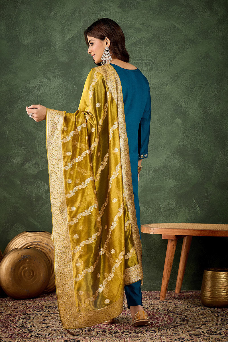 Elegant Teal Salwar suit with Golden Detailing Zari Work Dupatta