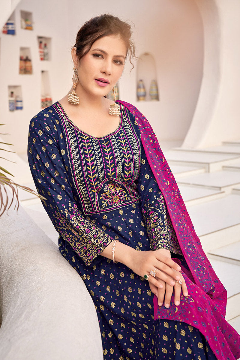 Navy Blue Embroidered Anarkali Dress | Elegant Party & Wedding Wear