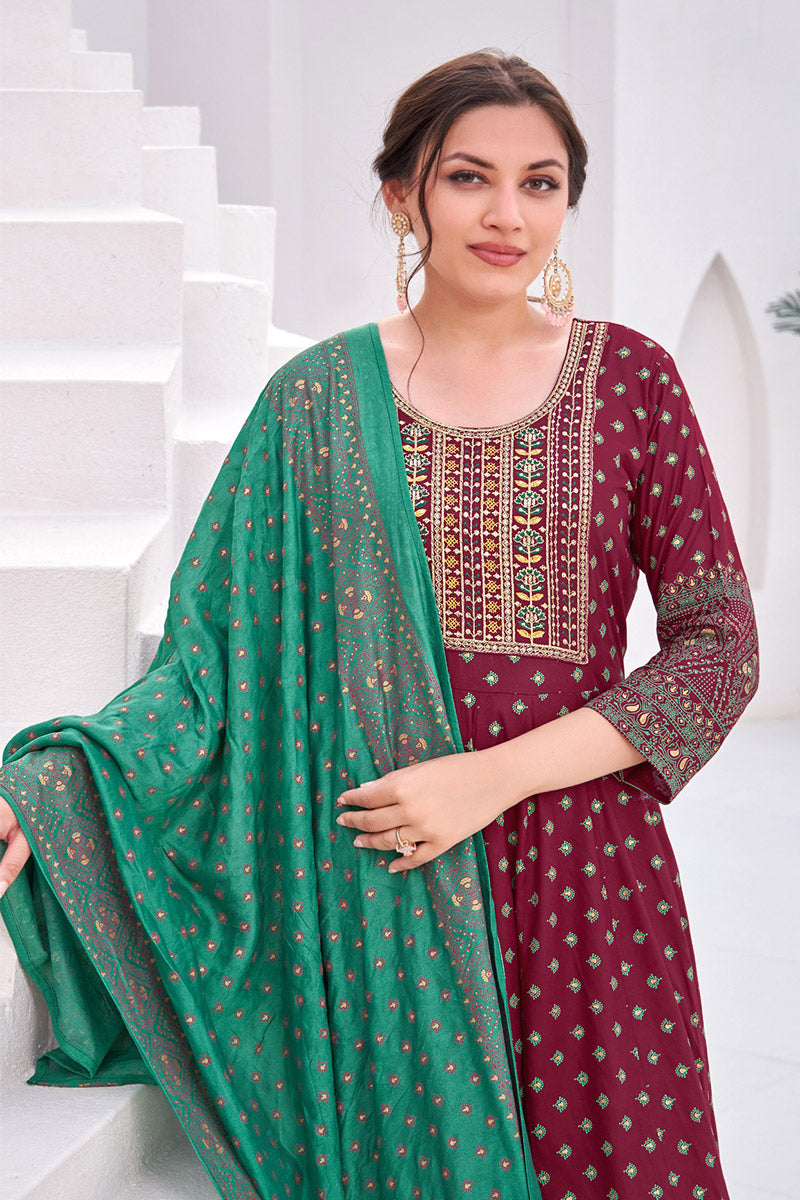 Indian Maroon Anarkali Dress with Gold Embroidery Gown