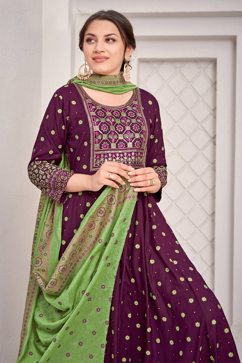 Elegant Wine Anarkali Suit for Women – Embroidered Detail