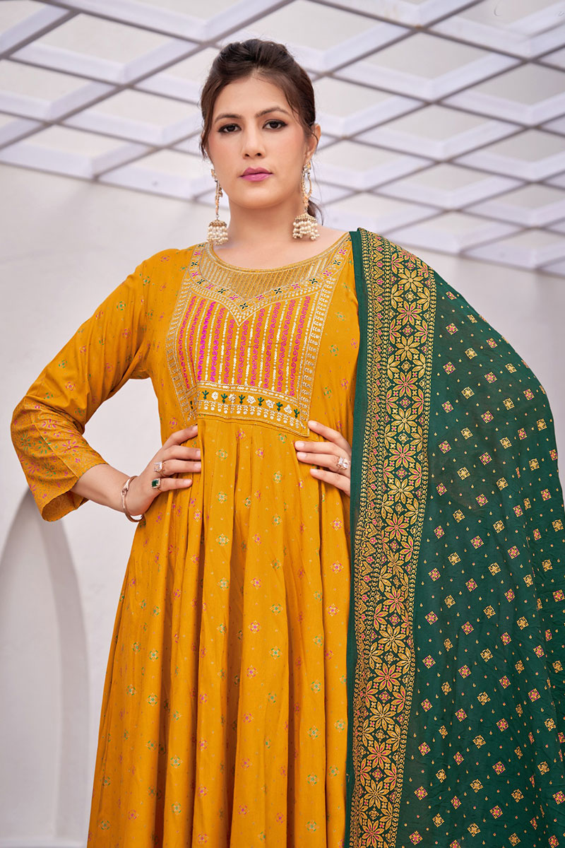 Mustard Embroidered Anarkali Dress with Dupatta