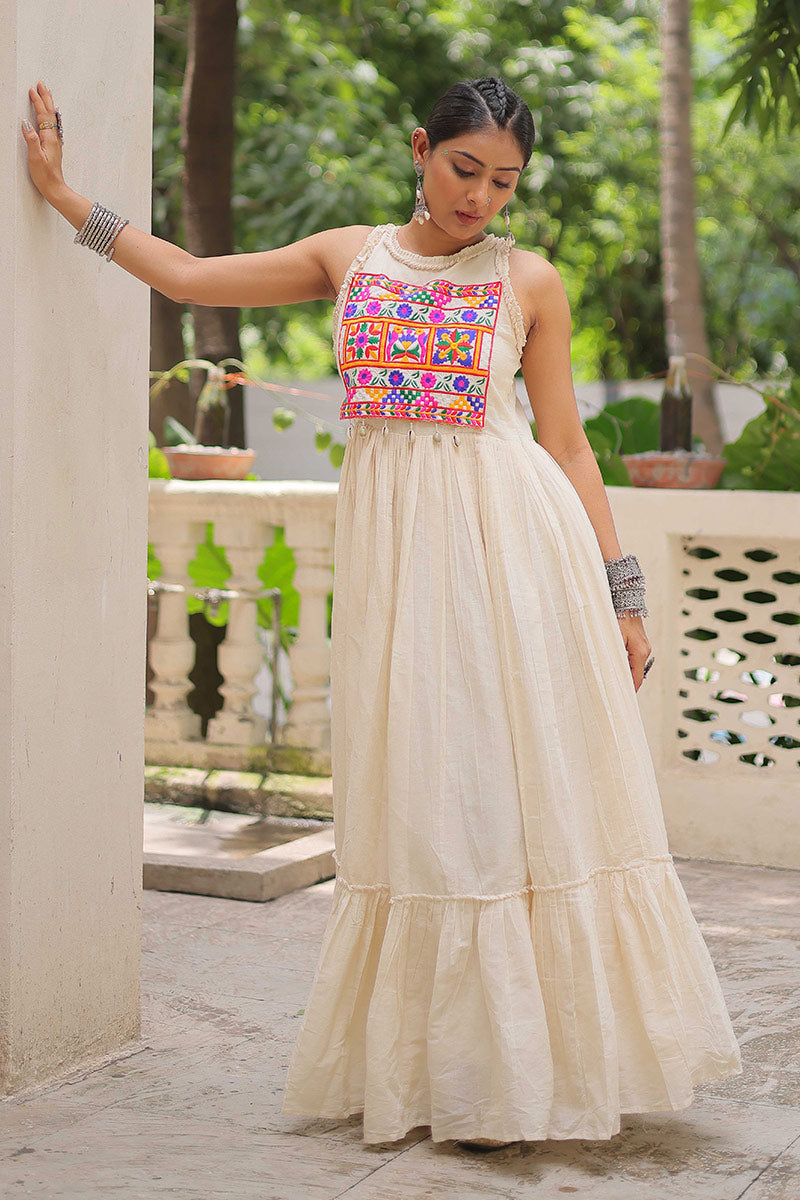 Ivory Halter Maxi Dress with Vibrant Embroidered Bodice