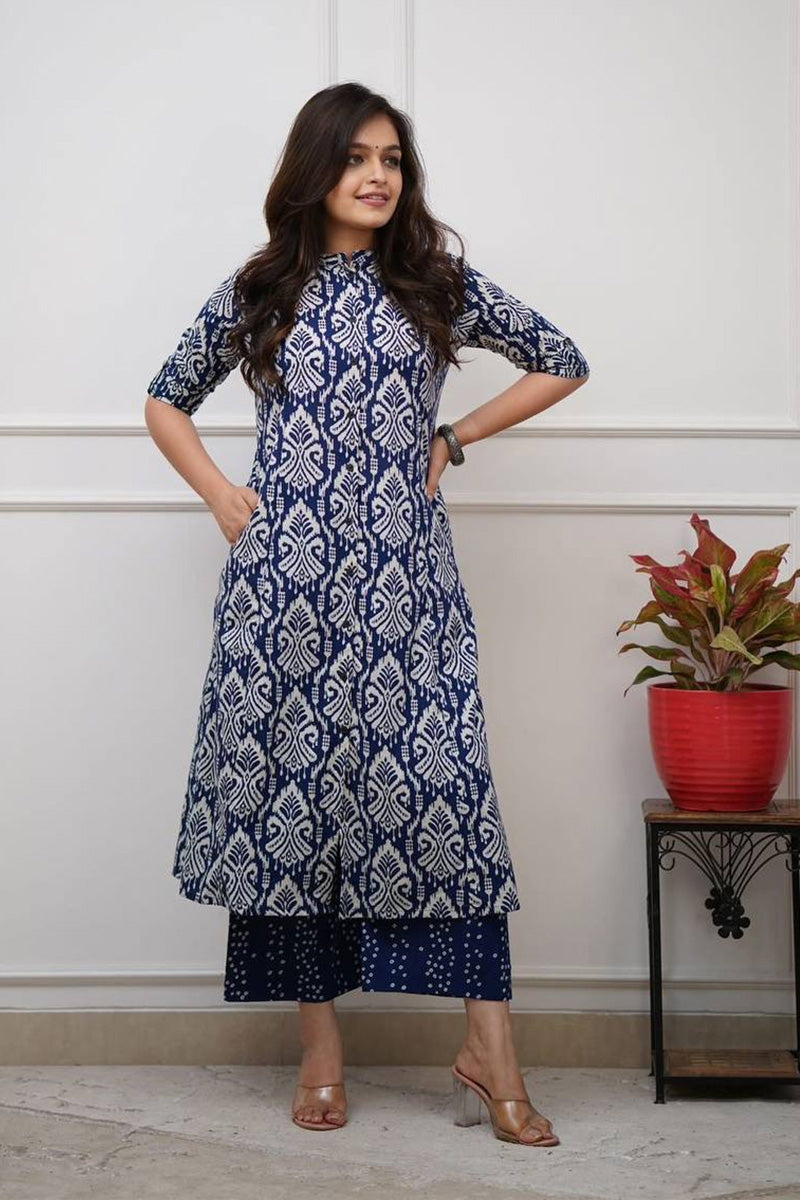 Navy Blue Ikat Print Cotton Kurta Set with Pants – Ethnic Chic