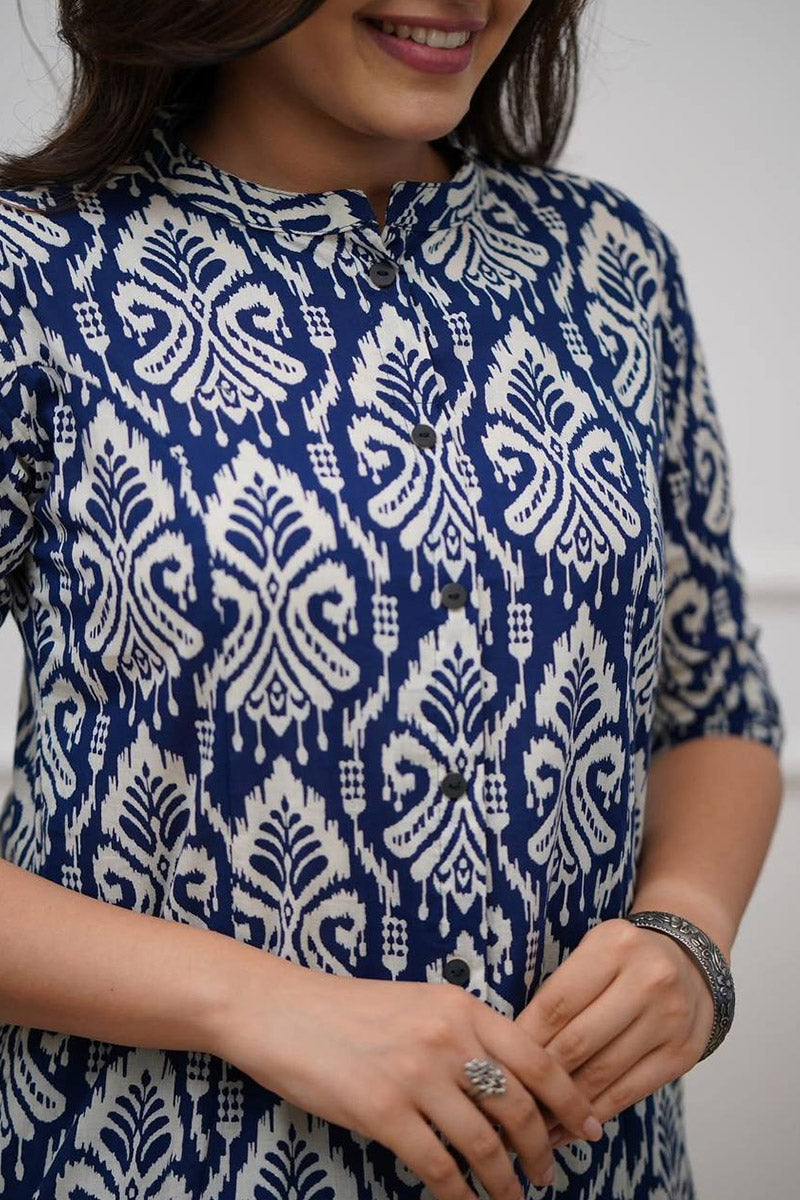 Navy Blue Ikat Print Cotton Kurta Set with Pants – Ethnic Chic