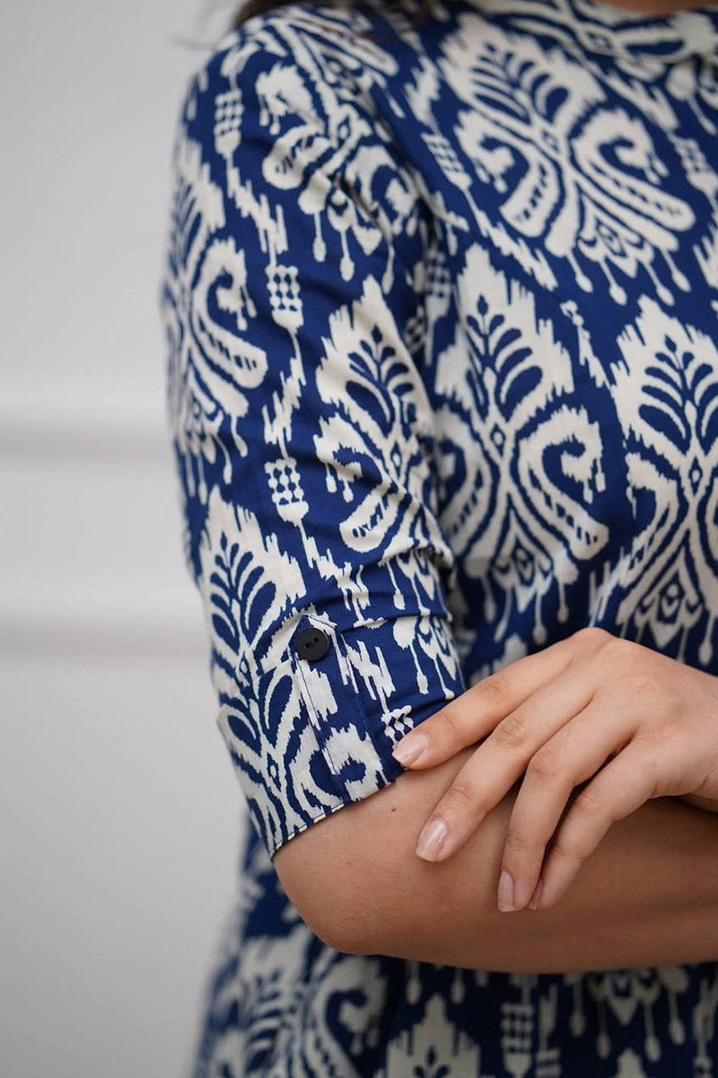 Navy Blue Ikat Print Cotton Kurta Set with Pants – Ethnic Chic