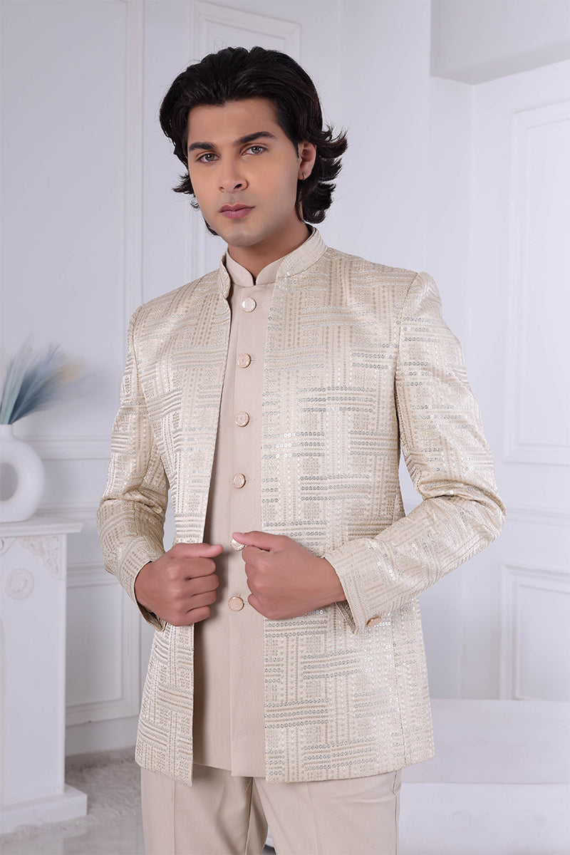 Cream Malai silk Embroidered Men's Indo Western