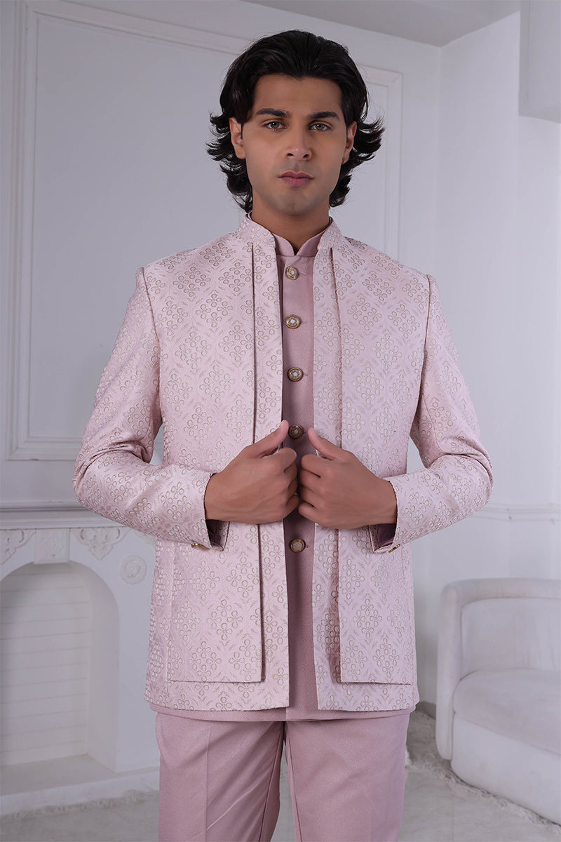 Blush Elegance Pink Embroidered Jacquard Men's Indo Western Suit