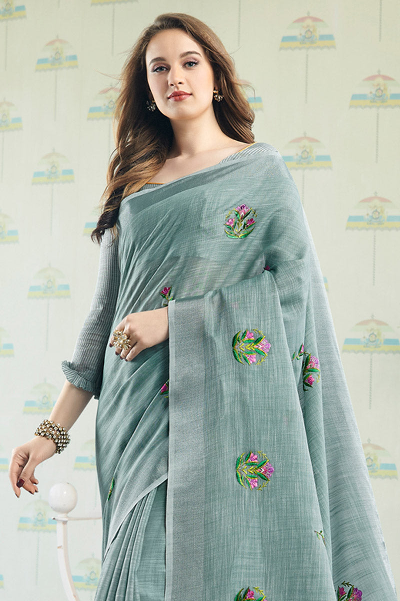 Elegant Pastel Sea Green Handloom Cotton Saree with Floral Embroidery
