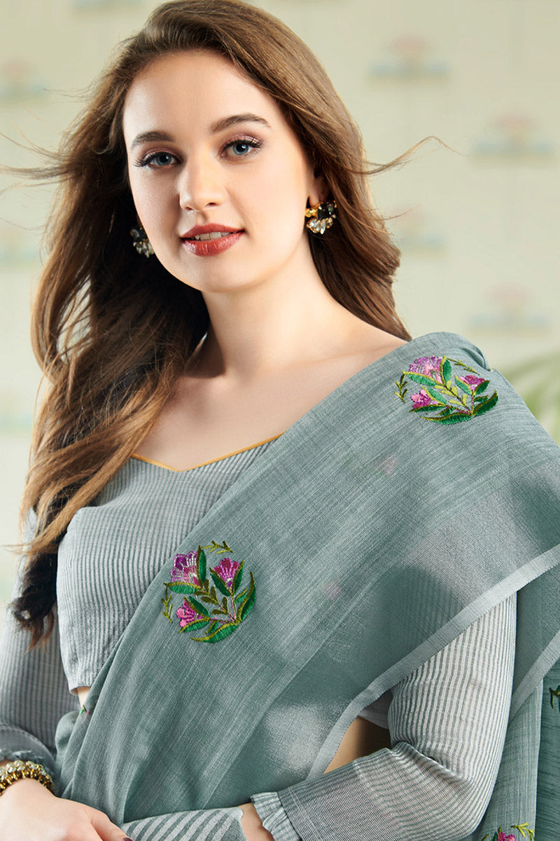 Elegant Pastel Sea Green Handloom Cotton Saree with Floral Embroidery